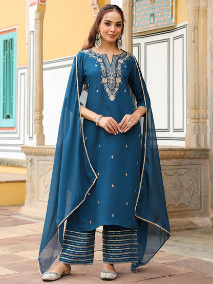 Janasya Women's Teal Blue Chanderi Silk Zari Embroidered Straight Kurta With Palazzo & Dupatta Set