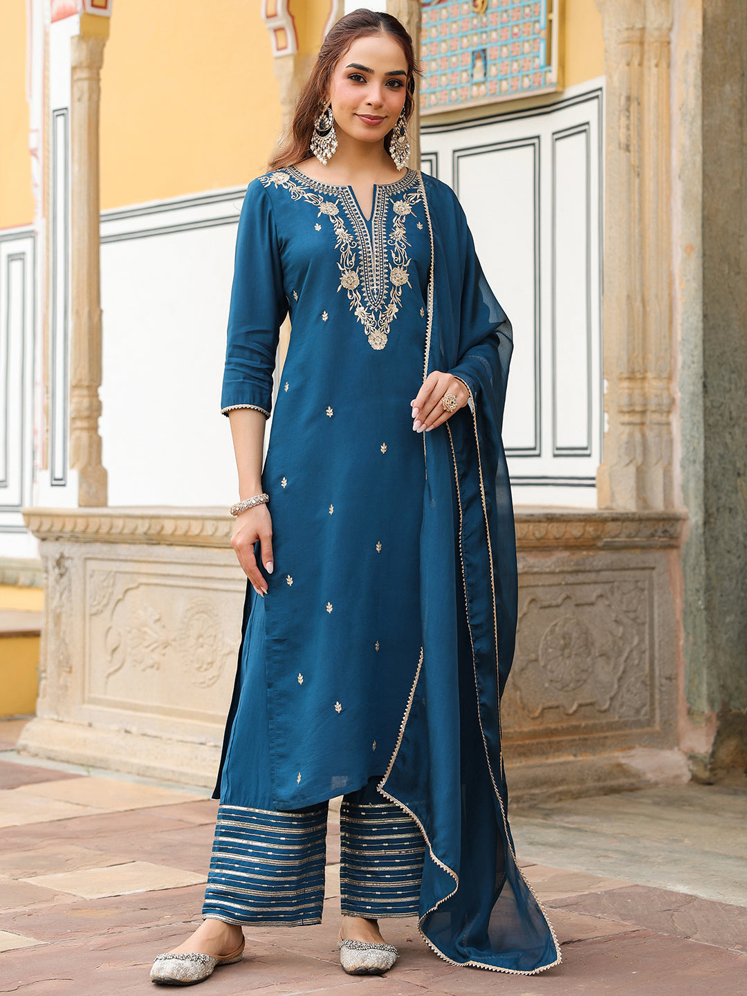 Janasya Women's Teal Blue Chanderi Silk Zari Embroidered Straight Kurta With Palazzo & Dupatta Set