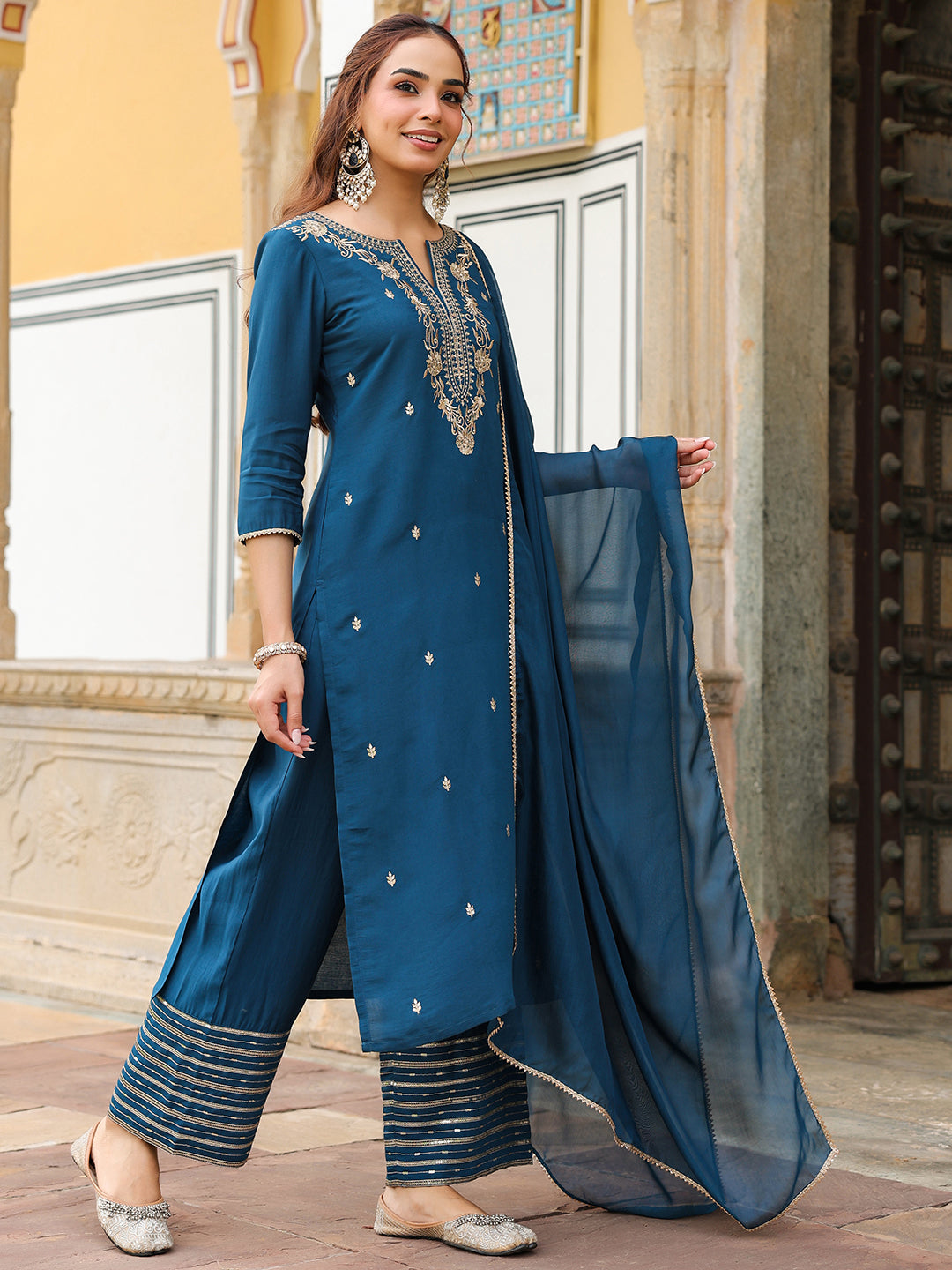 Janasya Women's Teal Blue Chanderi Silk Zari Embroidered Straight Kurta With Palazzo & Dupatta Set