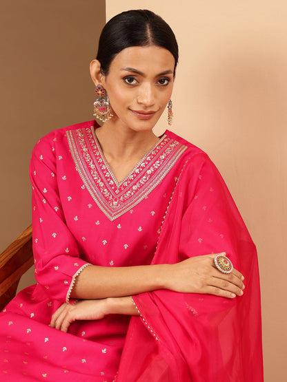 Janasya Women's Pink Chanderi Silk Gold Zari Embroidered Straight Kurta With Palazzo & Dupatta Set