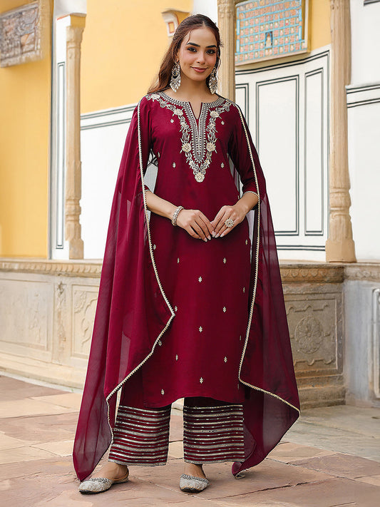Janasya Women's Maroon Chanderi Silk Zari Embroidered Straight Kurta With Palazzo & Dupatta Set