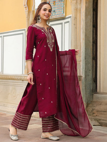 Janasya Women's Maroon Chanderi Silk Zari Embroidered Straight Kurta With Palazzo & Dupatta Set