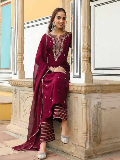 Janasya Women's Maroon Chanderi Silk Zari Embroidered Straight Kurta With Palazzo & Dupatta Set