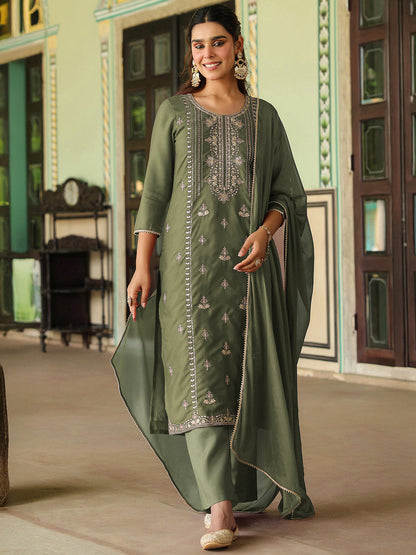Janasya Women's Sage Green Silk Blend Zari Embroidered Straight Kurta Set