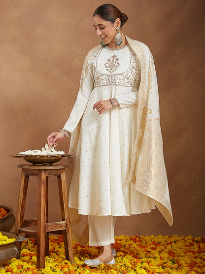 Janasya Women's Off White Chanderi Silk Embroidered A-line Kurta Set