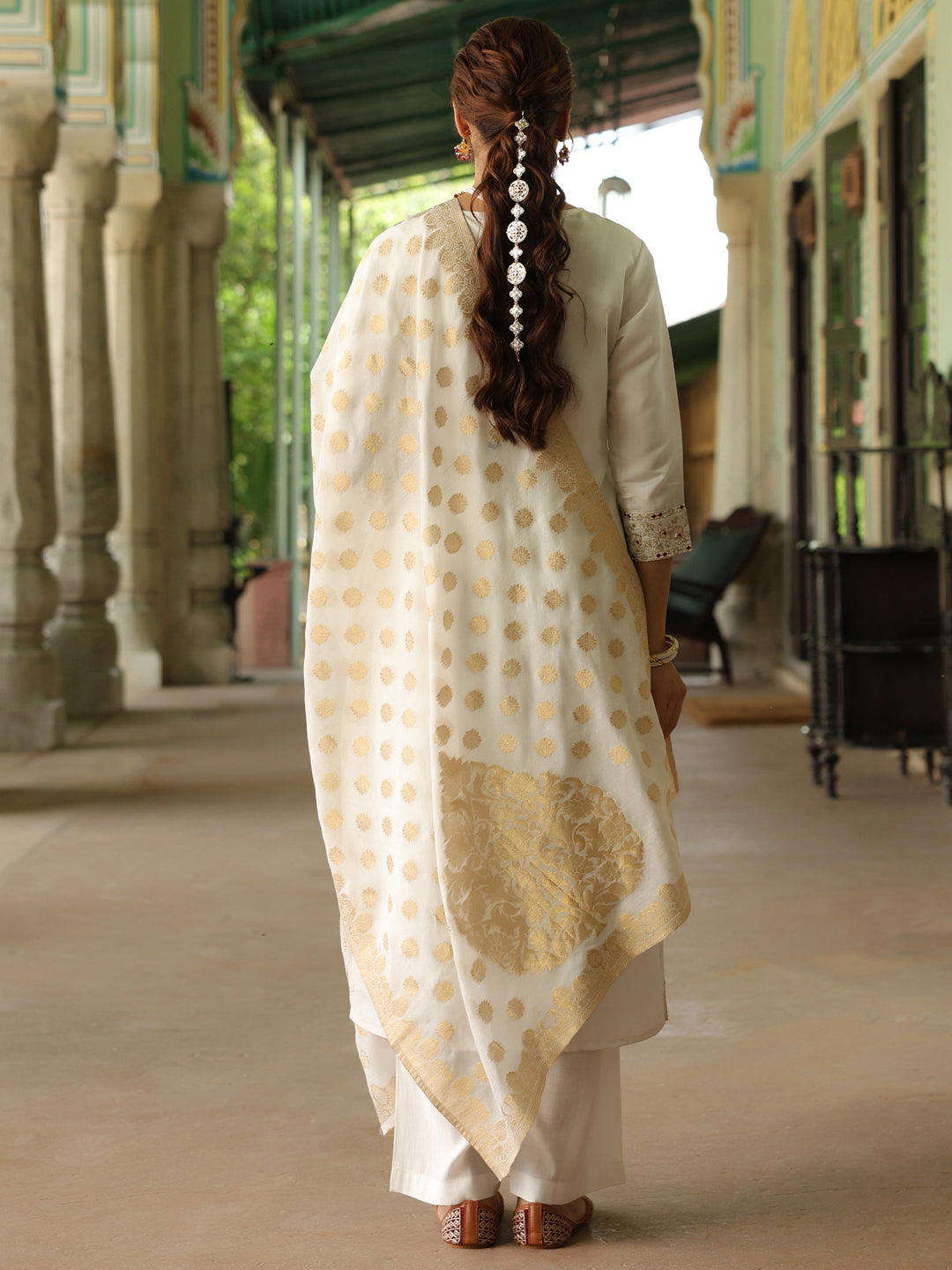 Janasya Women's Off White Chanderi Silk Embroidered Straight Kurta Set