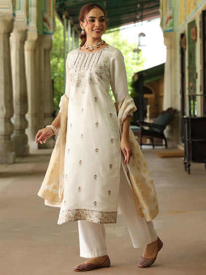 Janasya Women's Off White Chanderi Silk Embroidered Straight Kurta Set