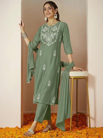 Janasya Women's Sage Green Silk Blend Embroidered Straight Kurta Set
