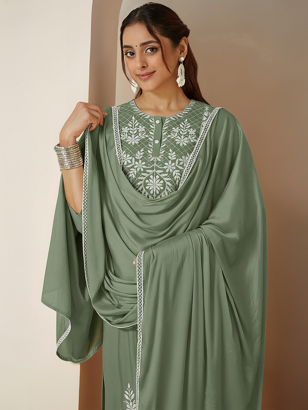 Janasya Women's Sage Green Silk Blend Embroidered Straight Kurta Set