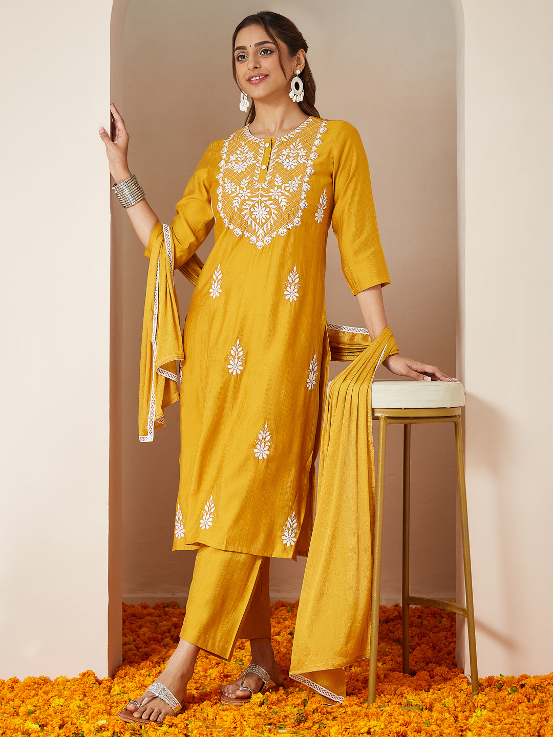 Janasya Women's Mustard Silk Blend Embroidered Straight Kurta Set