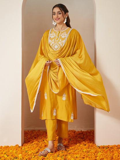 Janasya Women's Mustard Silk Blend Embroidered Straight Kurta Set