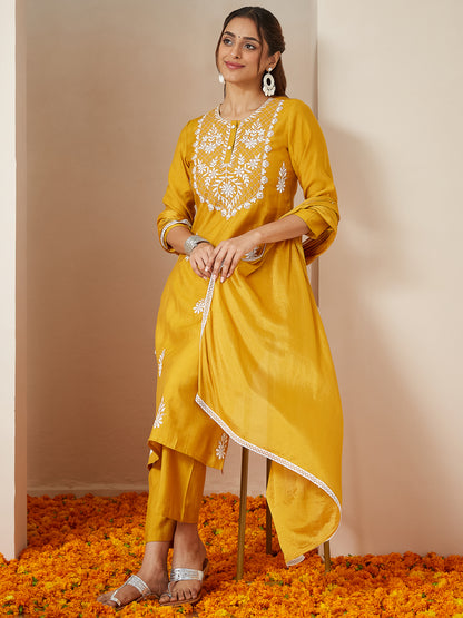 Janasya Women's Mustard Silk Blend Embroidered Straight Kurta Set