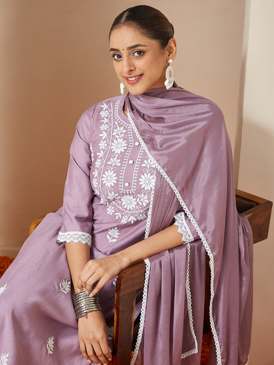 Janasya Women's Lavender Silk Blend Embroidered Straight Kurta Set