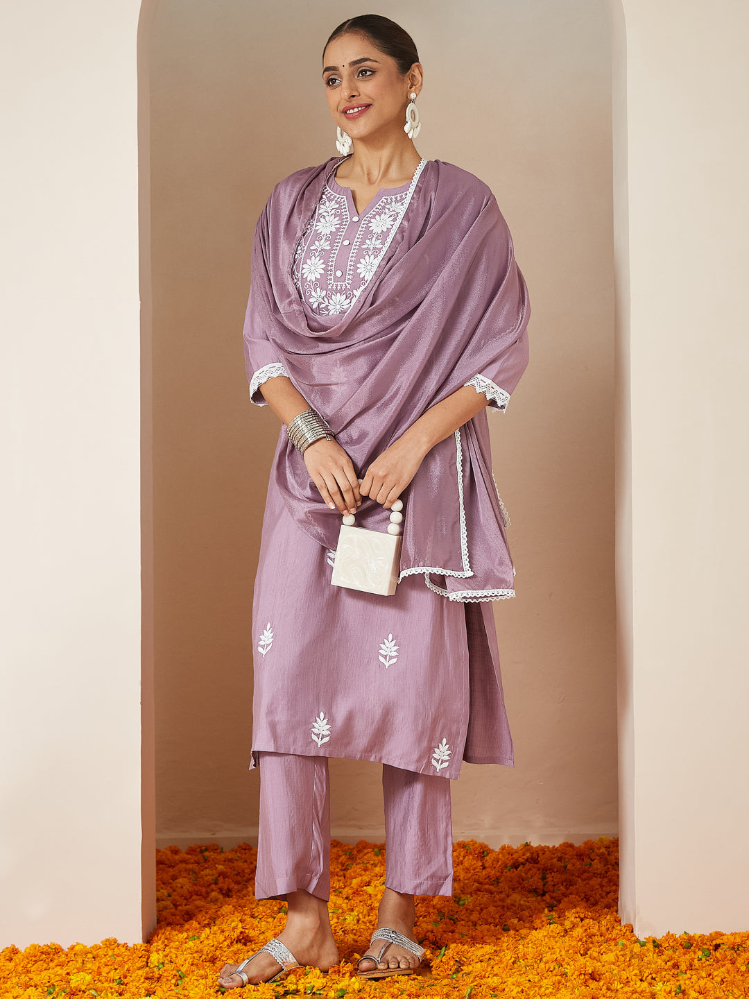 Janasya Women's Lavender Silk Blend Embroidered Straight Kurta Set