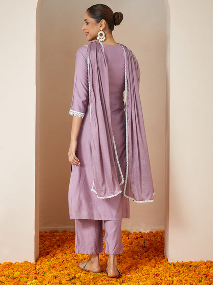 Janasya Women's Lavender Silk Blend Embroidered Straight Kurta Set