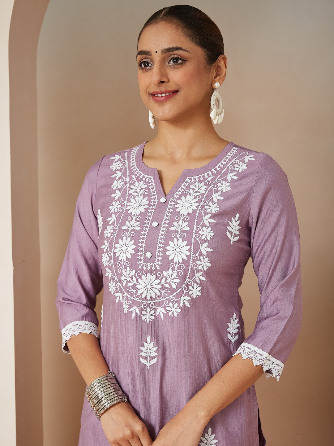 Janasya Women's Lavender Silk Blend Embroidered Straight Kurta Set