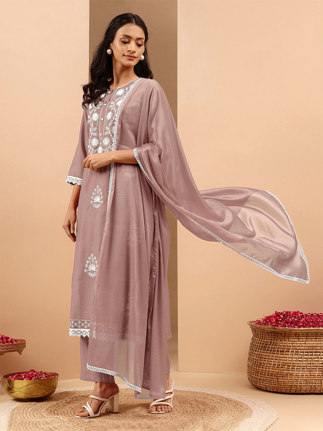 Janasya Women's Brown Silk Blend Embroidered Straight Kurta Set