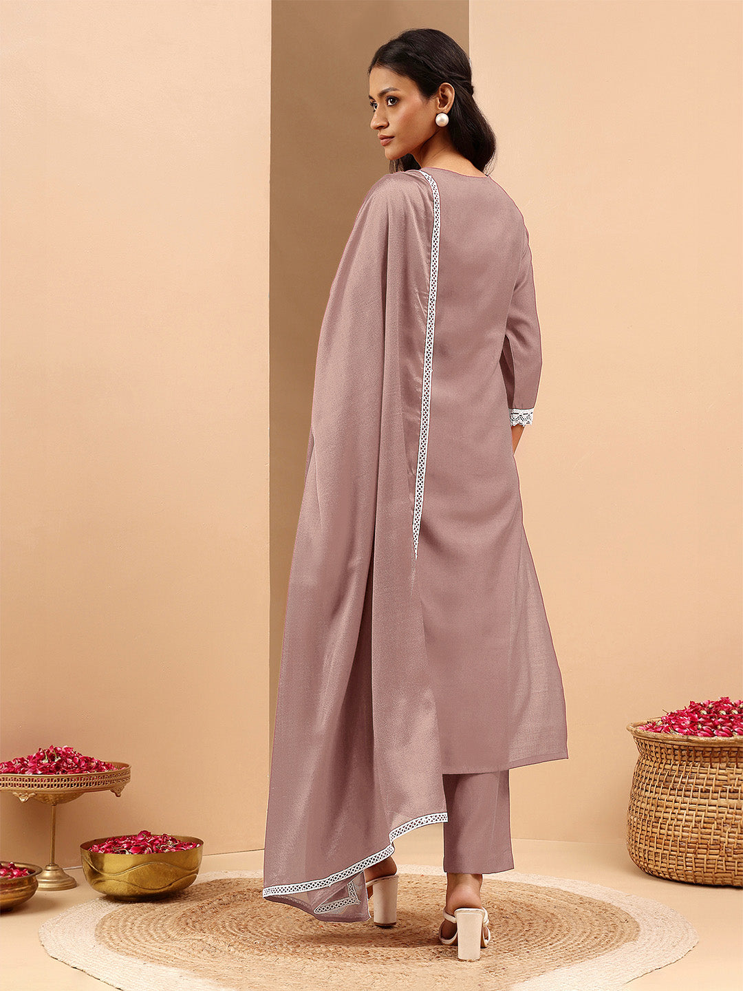 Janasya Women's Brown Silk Blend Embroidered Straight Kurta Set