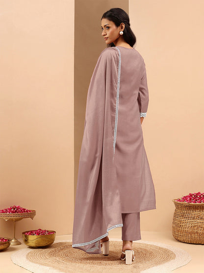 Janasya Women's Brown Silk Blend Embroidered Straight Kurta Set