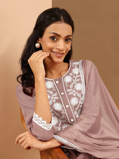 Janasya Women's Brown Silk Blend Embroidered Straight Kurta Set