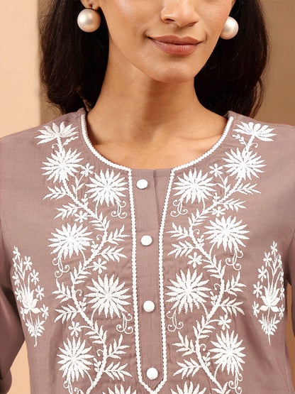 Janasya Women's Brown Silk Blend Embroidered Straight Kurta Set