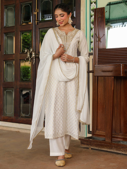 Janasya Women's Off White Chanderi Silk Gold Zari Yoke Embroidered Straight Kurta Set