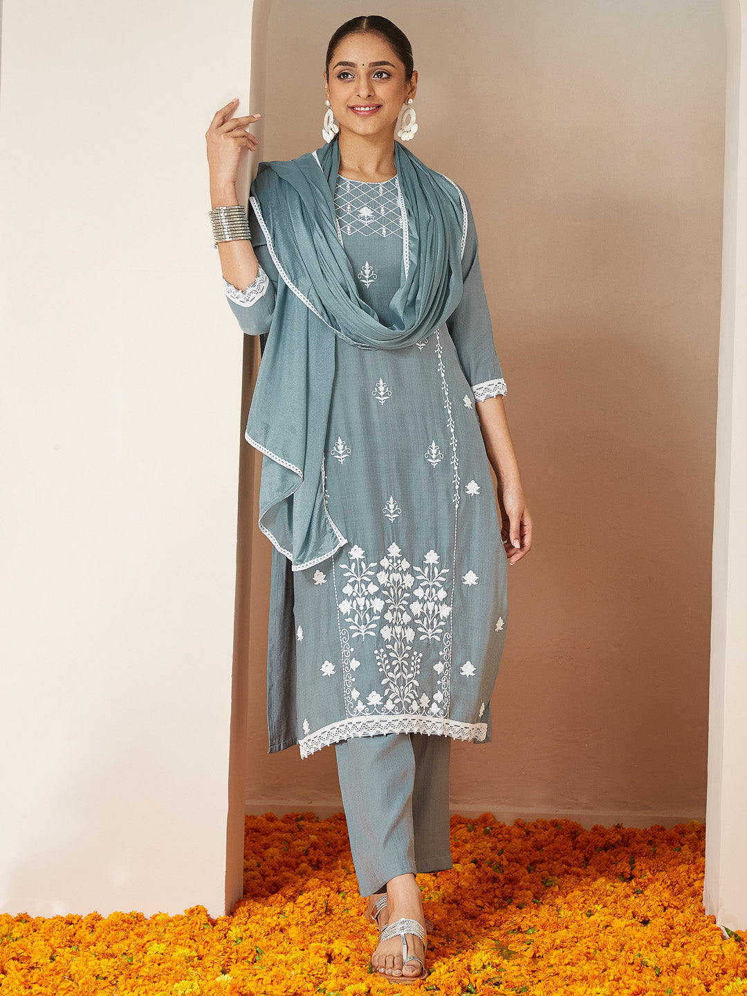 Janasya Women's Powder Blue Silk Blend Embroidered Straight Kurta Set