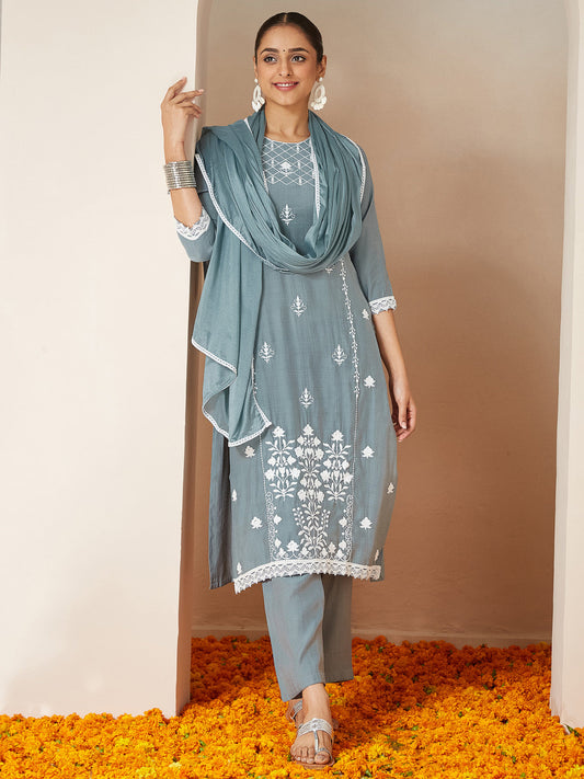 Janasya Women's Powder Blue Silk Blend Embroidered Straight Kurta Set