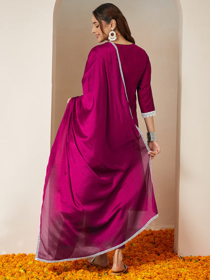 Janasya Women's Pink Silk Blend Embroidered Straight Kurta Set With Dupatta