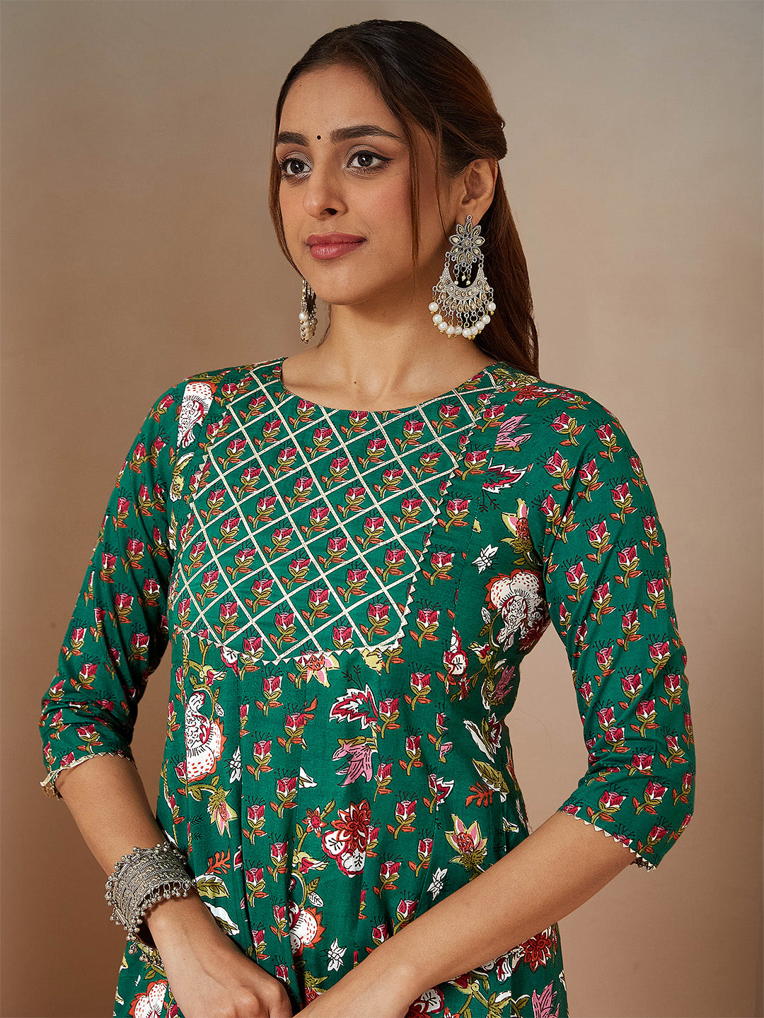 Janasya Women's Green Pure Cotton Floral Printed Yoke Design Anarkali Kurta Set