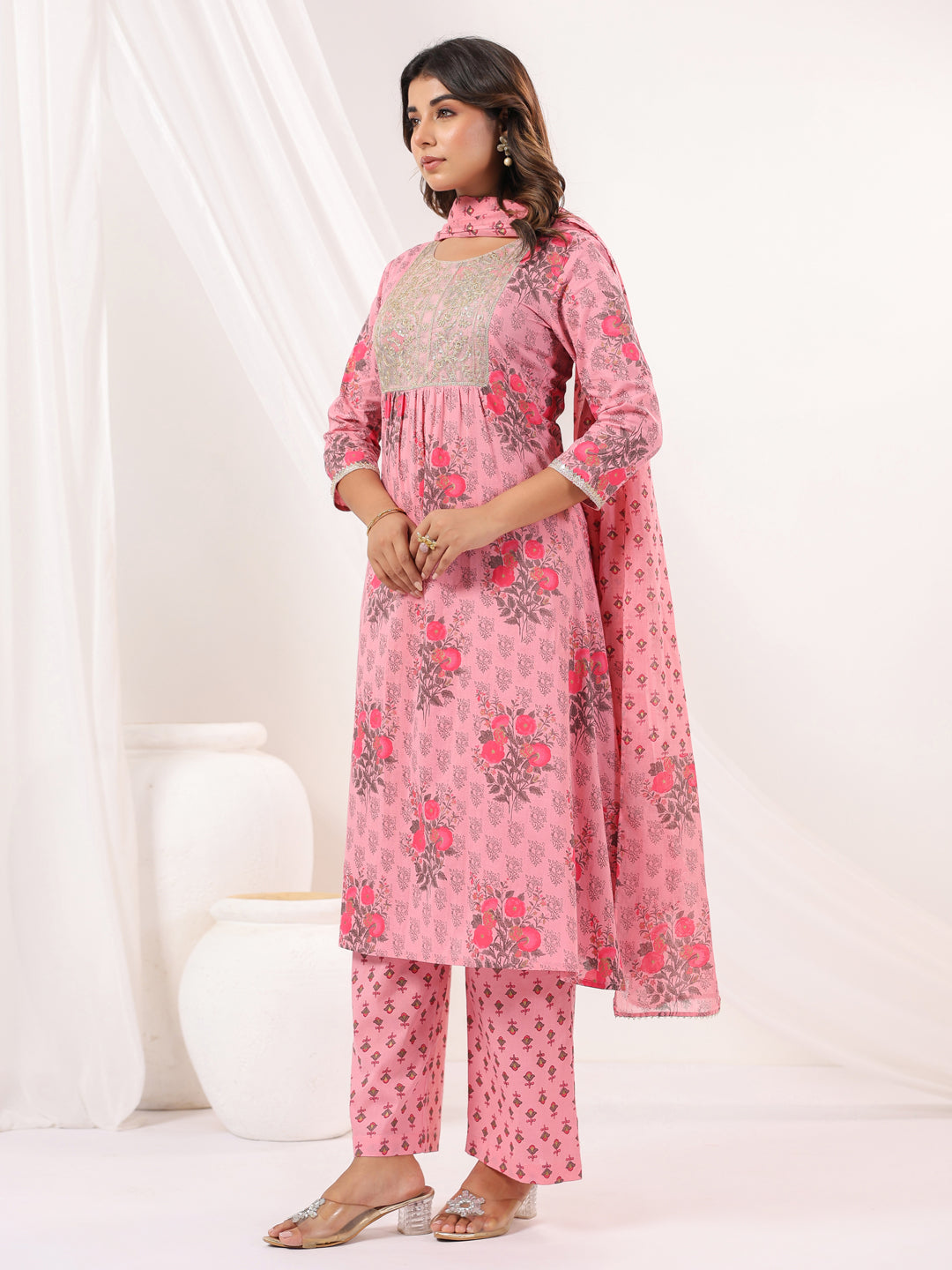 Janasya Women's Pink Pure Cotton Yoke Embroidered Floral Printed A-line Kurta Set