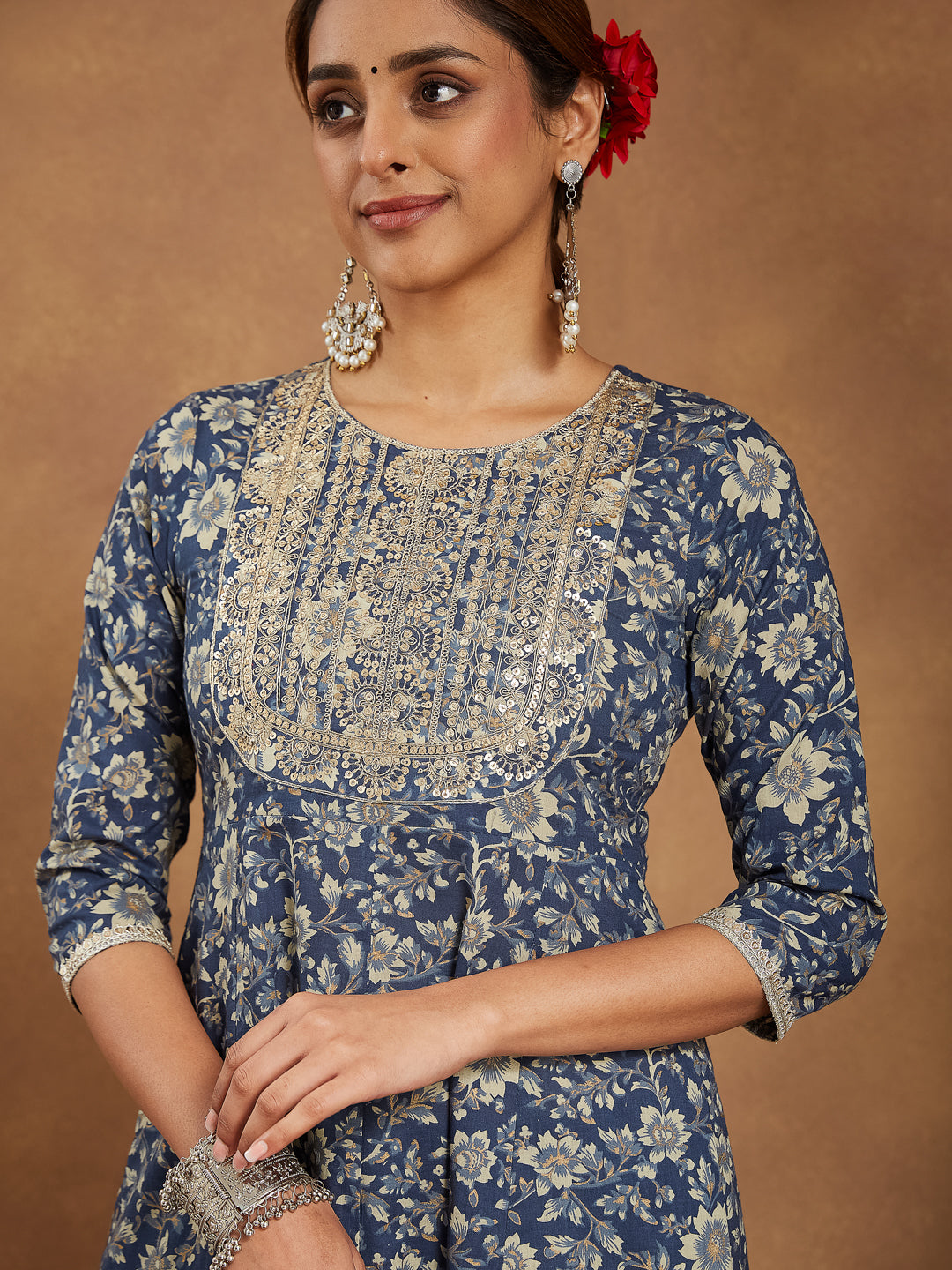 Janasya Women's Blue Pure Cotton Floral Printed Anarkali Kurta Set