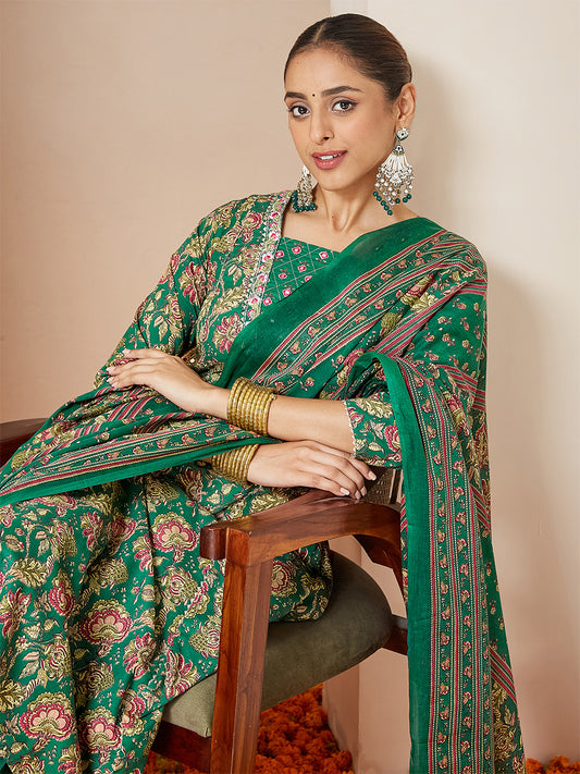 Janasya Women's Dark Green Pure Cotton Floral Printed Yoke Embroidered A-line Kurta Set