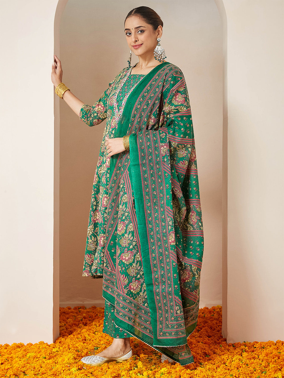 Janasya Women's Dark Green Pure Cotton Floral Printed Yoke Embroidered A-line Kurta Set