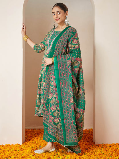 Janasya Women's Dark Green Pure Cotton Floral Printed Yoke Embroidered A-line Kurta Set