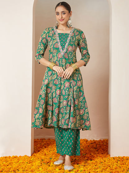 Janasya Women's Dark Green Pure Cotton Floral Printed Yoke Embroidered A-line Kurta Set