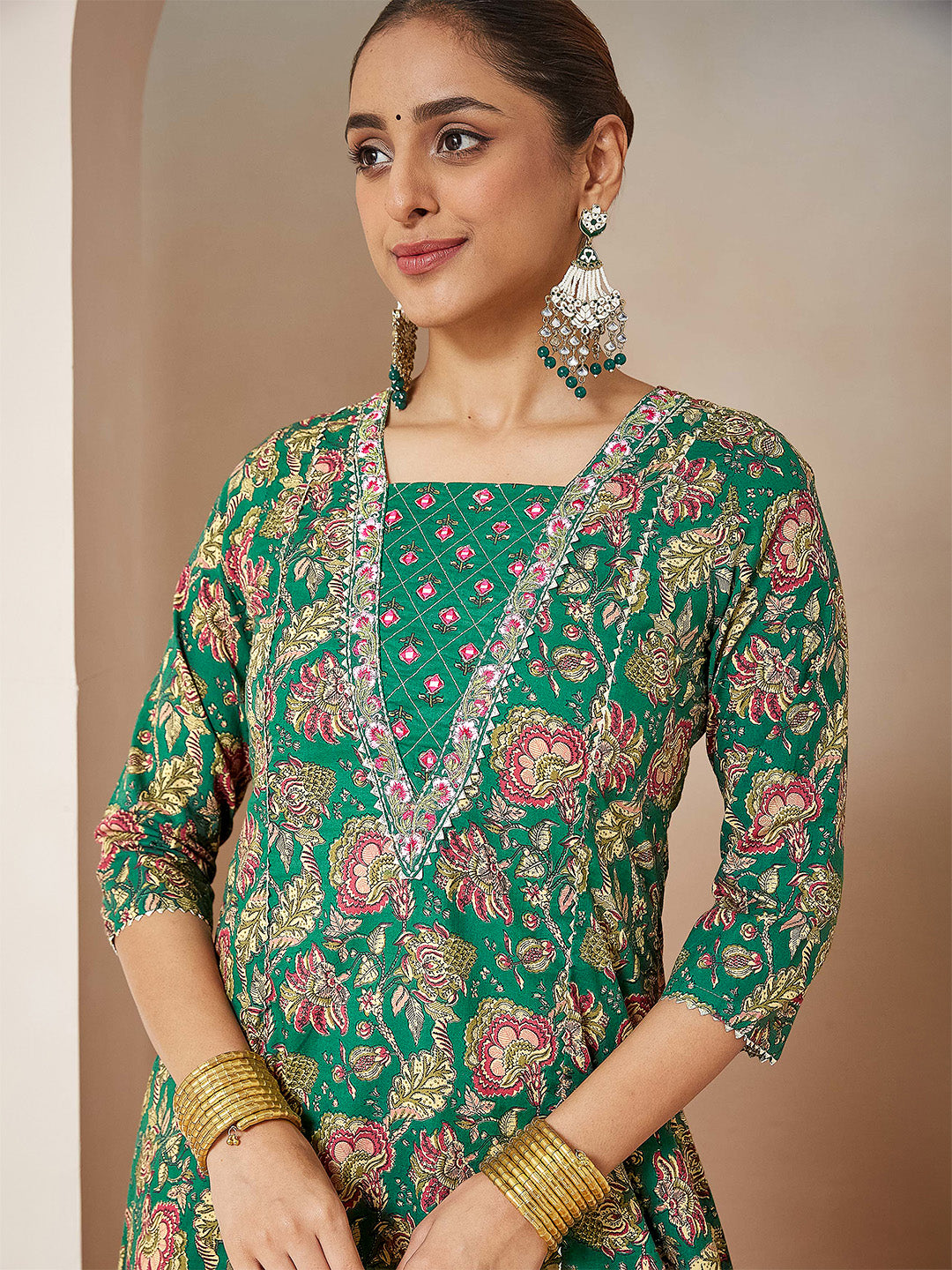 Janasya Women's Dark Green Pure Cotton Floral Printed Yoke Embroidered A-line Kurta Set