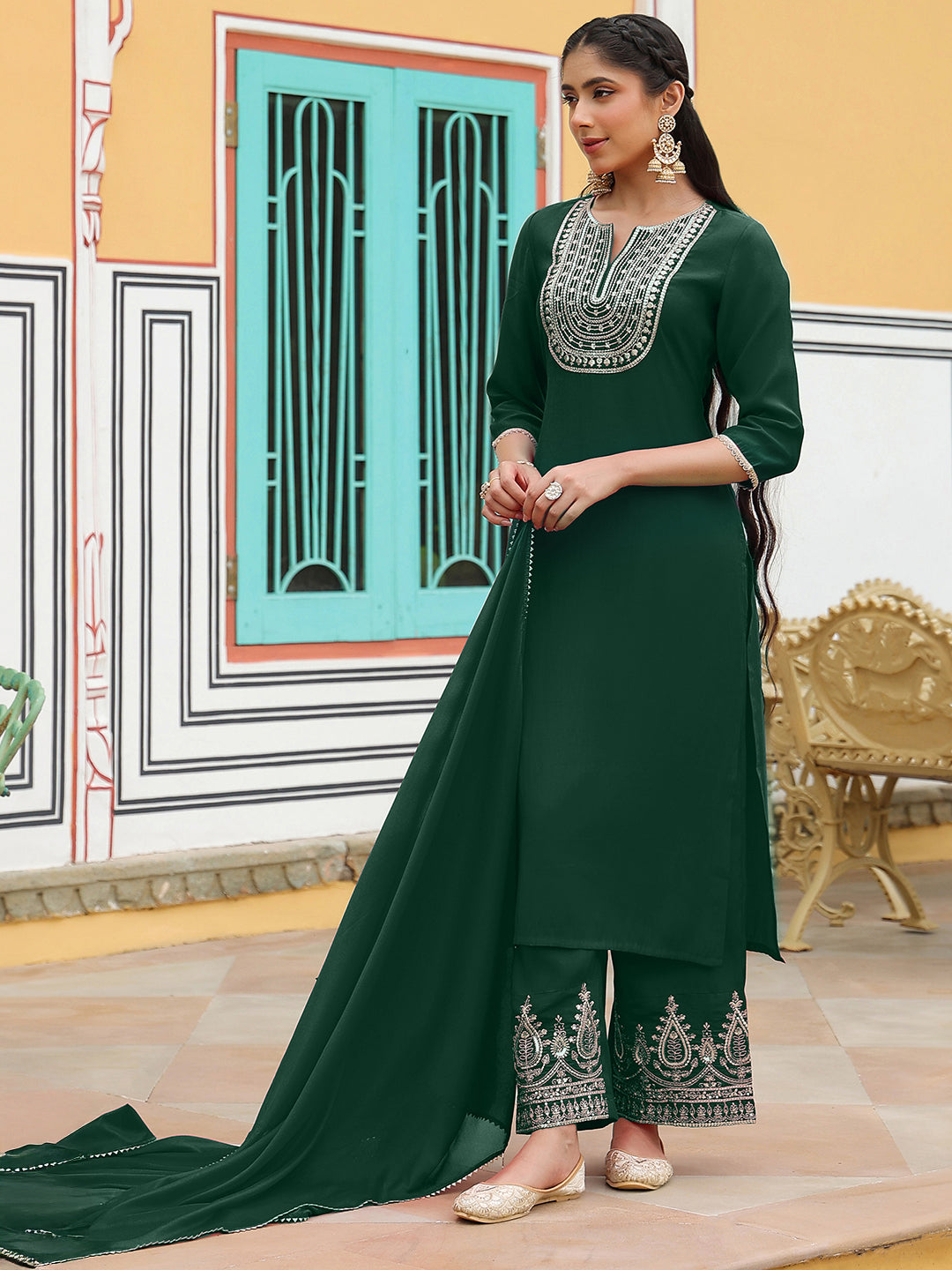 Janasya Women's Dark Green Chanderi Silk Zari Embroidered Straight Kurta Set