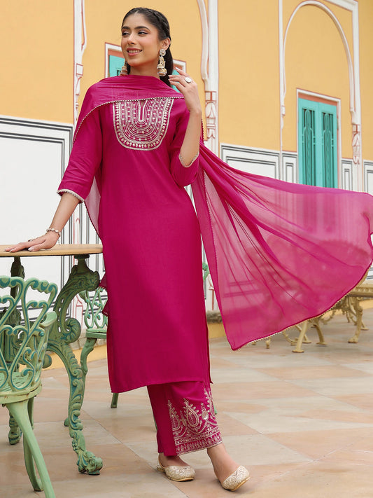 Janasya Women's Pink Chanderi Silk Zari Embroidered Straight Kurta Set