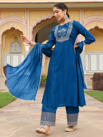 Janasya Women's Teal Blue Chanderi Silk Zari Embroidered A-line Kurta Set