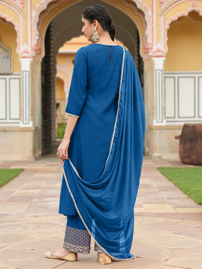 Janasya Women's Teal Blue Chanderi Silk Zari Embroidered A-line Kurta Set