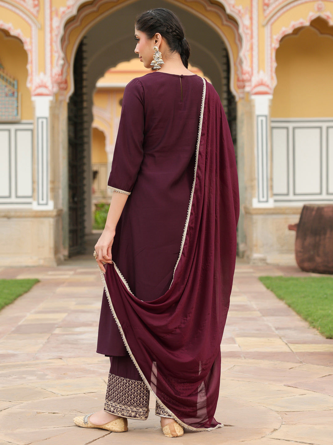 Janasya Women's Wine Chanderi Silk Zari Embroidered A-line Kurta With Palazzo & Dupatta Set