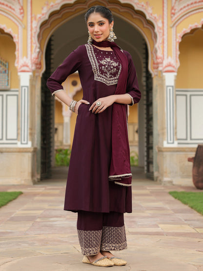 Janasya Women's Wine Chanderi Silk Zari Embroidered A-line Kurta With Palazzo & Dupatta Set