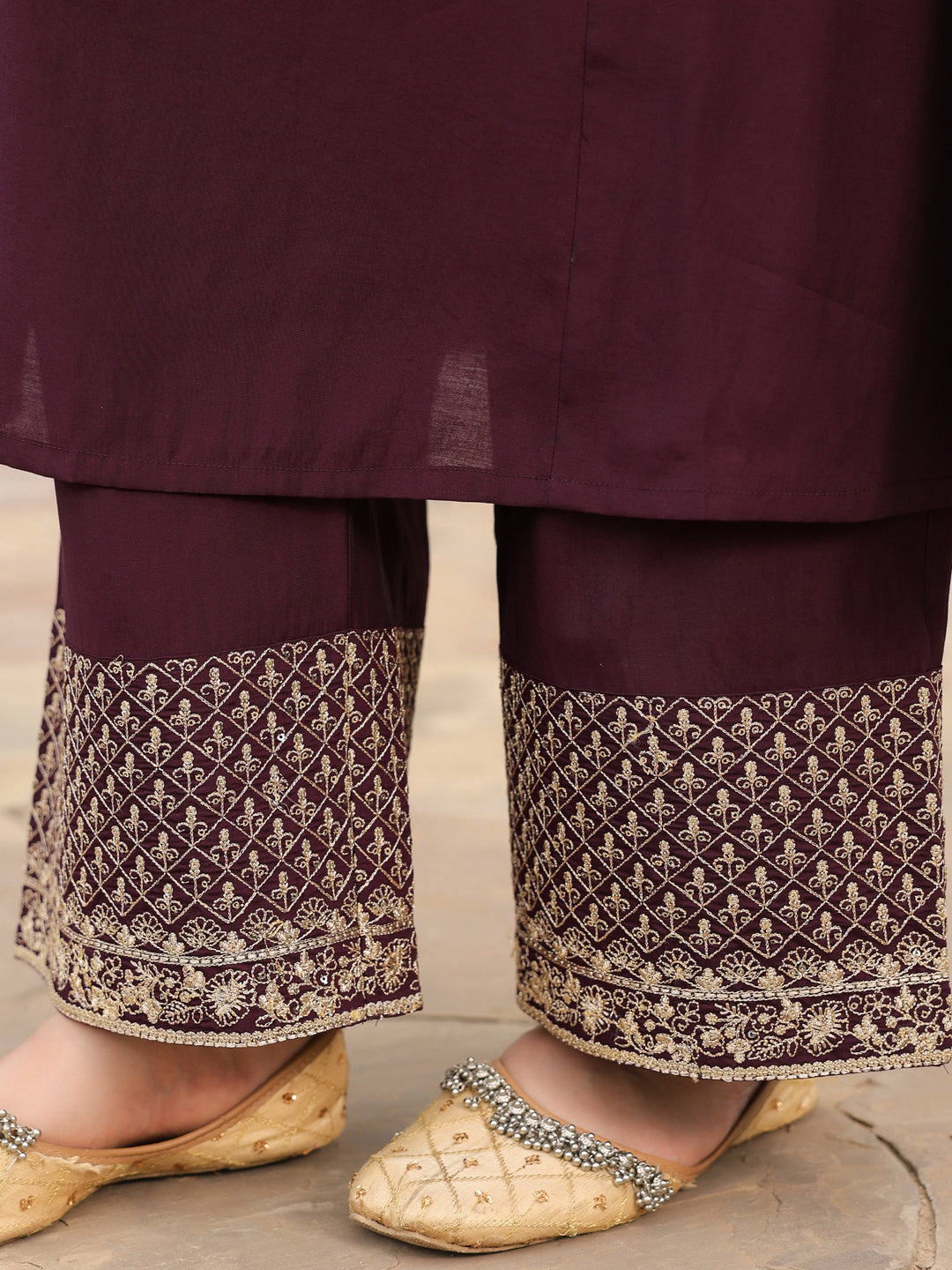 Janasya Women's Wine Chanderi Silk Zari Embroidered A-line Kurta With Palazzo & Dupatta Set