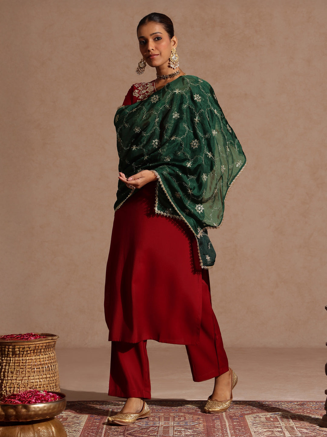 Janasya Women's Maroon Silk Blend Zari Embroidered Straight Kurta Set