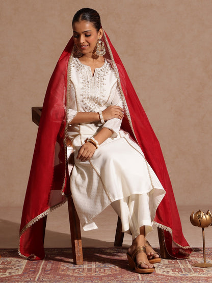 Janasya Women's Off White Chanderi Silk Zari Embroidered Gold Printed A-line Kurta Set