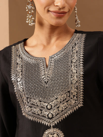 Janasya Women's Black Chanderi Silk Zari Embroidered Straight Kurta Set