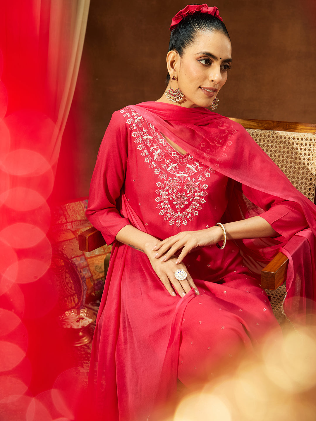 Janasya Women's Pink Rayon Embroidered Straight Kurta Set