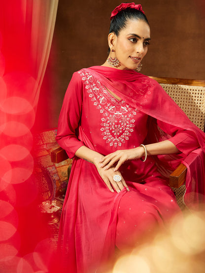 Janasya Women's Pink Rayon Embroidered Straight Kurta Set