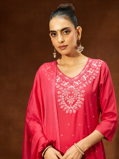 Janasya Women's Pink Rayon Embroidered Straight Kurta Set